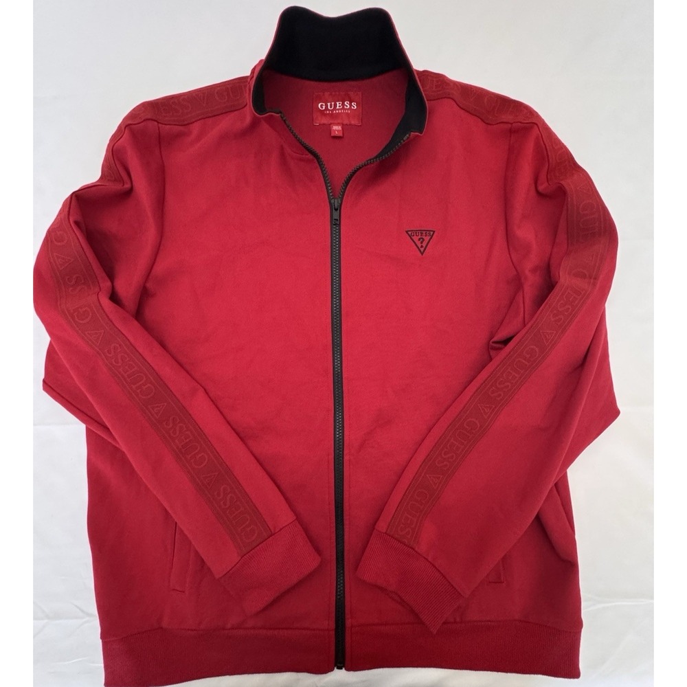 Guess Los Angeles Mens Full Zip Mock Neck Jacket Large Red Logo Spelled Out